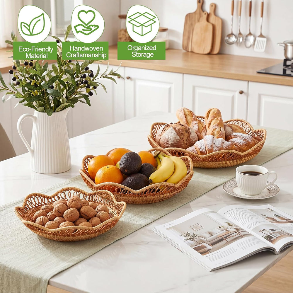 3 Pcs Rattan Bread Fruit Basket for Serving, Wicker Bread Tray Woven Round Fr...