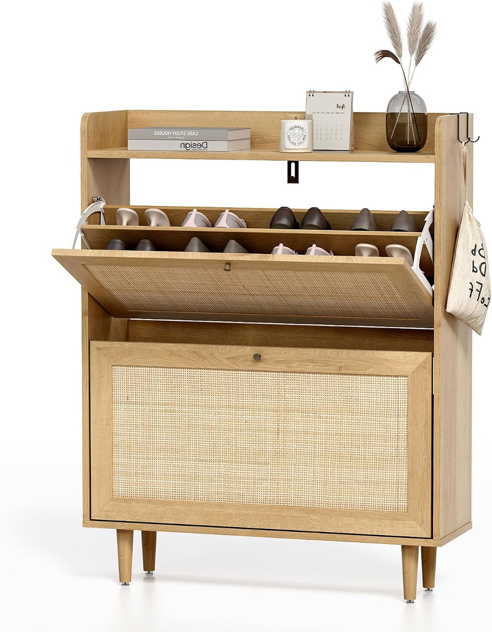 Rattan Shoe Storage Cabinet with 2 Flip Drawers, Farmhouse Freestanding Organ...