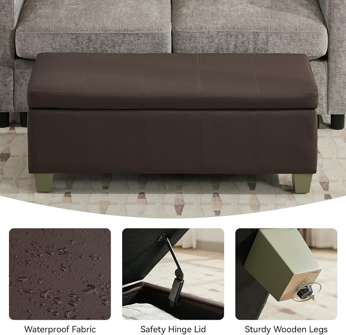 41" Faux Leather Storage Ottoman, Stitch Tufted Rectangle Upholstered End of - Image 5