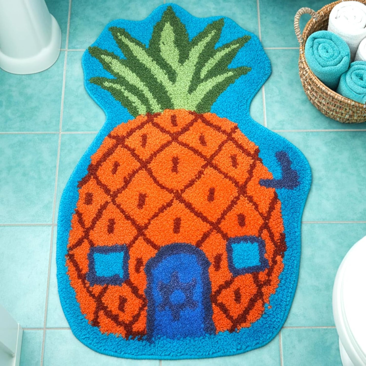 Pineapple House Bathroom Rug Cartoon Sponge Rug Anime Decorative Bathroom Doormat Non-Slip Area Doormat Cartoon Pineapple Indoor Mat Machine Washable Carpet Cut Yellow House Carpet for Home Bedroom