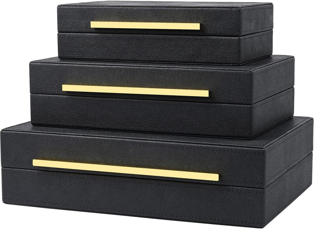 Black Shagreen Box Faux Leather Set Of 3 Pcs Storage Decorative Boxes,Modern ...