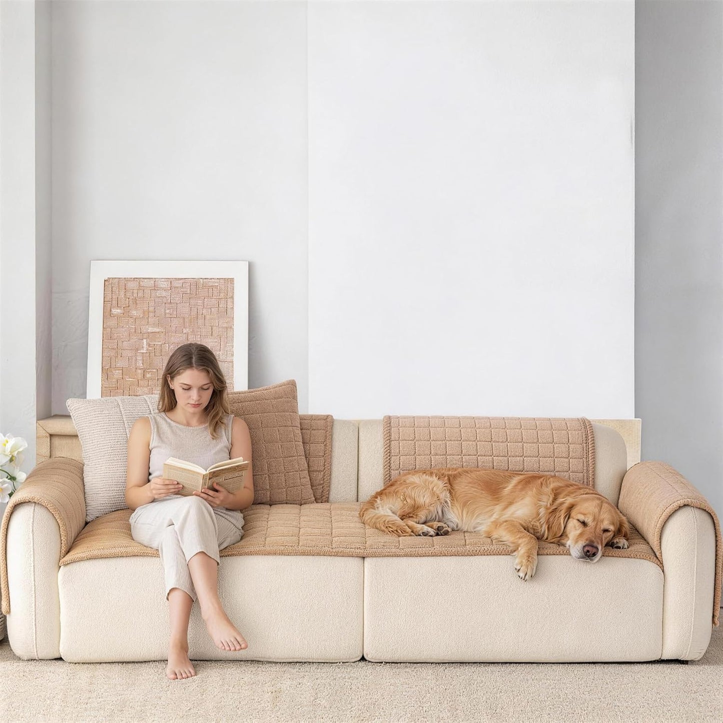 Premium Velvet Washable Dog Couch Cover, Non Slip Sofa Cover for 3 Cushion, L Shaped Waterproof Fumiture Protector Covers(1PC/27.6"x27.6",Khaki)