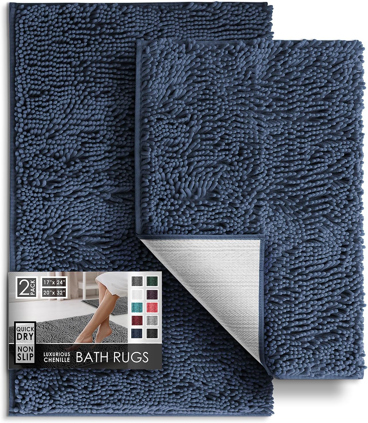 Hearth & Harbor Bathroom Rugs, Chenille Bath Mat - Machine Washable Bath Mats for Bathroom Non-Slip Backing Rubber, Quick Dry Bathroom Mat