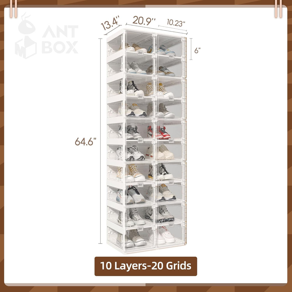 ANTBOX Collapsible Shoe Boxes Clear Plastic Stackable, Quick Setup Drop Front...