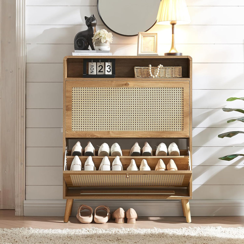 Shoe Storage Cabinet with 2 Flip Drawer Natural Rattan Shoe Cabinet Organizer...