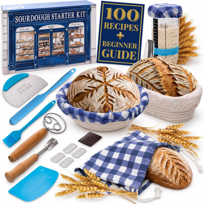 Sourdough Starter Kit for Beginners with Beginner Guide & 100 Recipes - Sourdough Bread Baking Supplies and Tools, Homemade Bread Gift Set and Sour Dough Accessories for Bakers