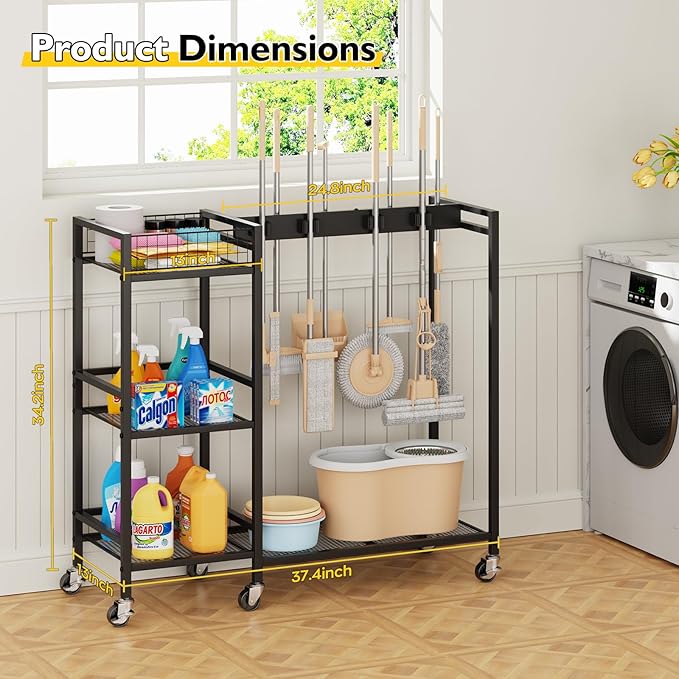 Broom Holder with Cleaning Supplies Organizer, Movable Broom Closet Storage