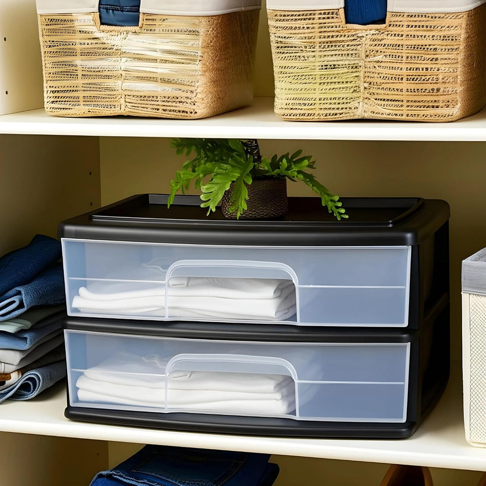 HOMZ Drawer Tower, 2-Tier Storage Organizer Unit, Black Frame, 2 Pack