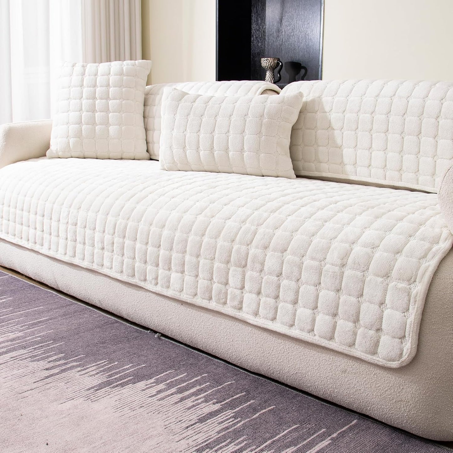 Velvet Couch Cover, Washable Sectional Sofa Cover, Anti Slip Sofa Slipcovers for 3 Cushion Couch Sofa L Shaped Recliner, Furniture Protector Covers for Pets Kids(White, Only 1 PCS)