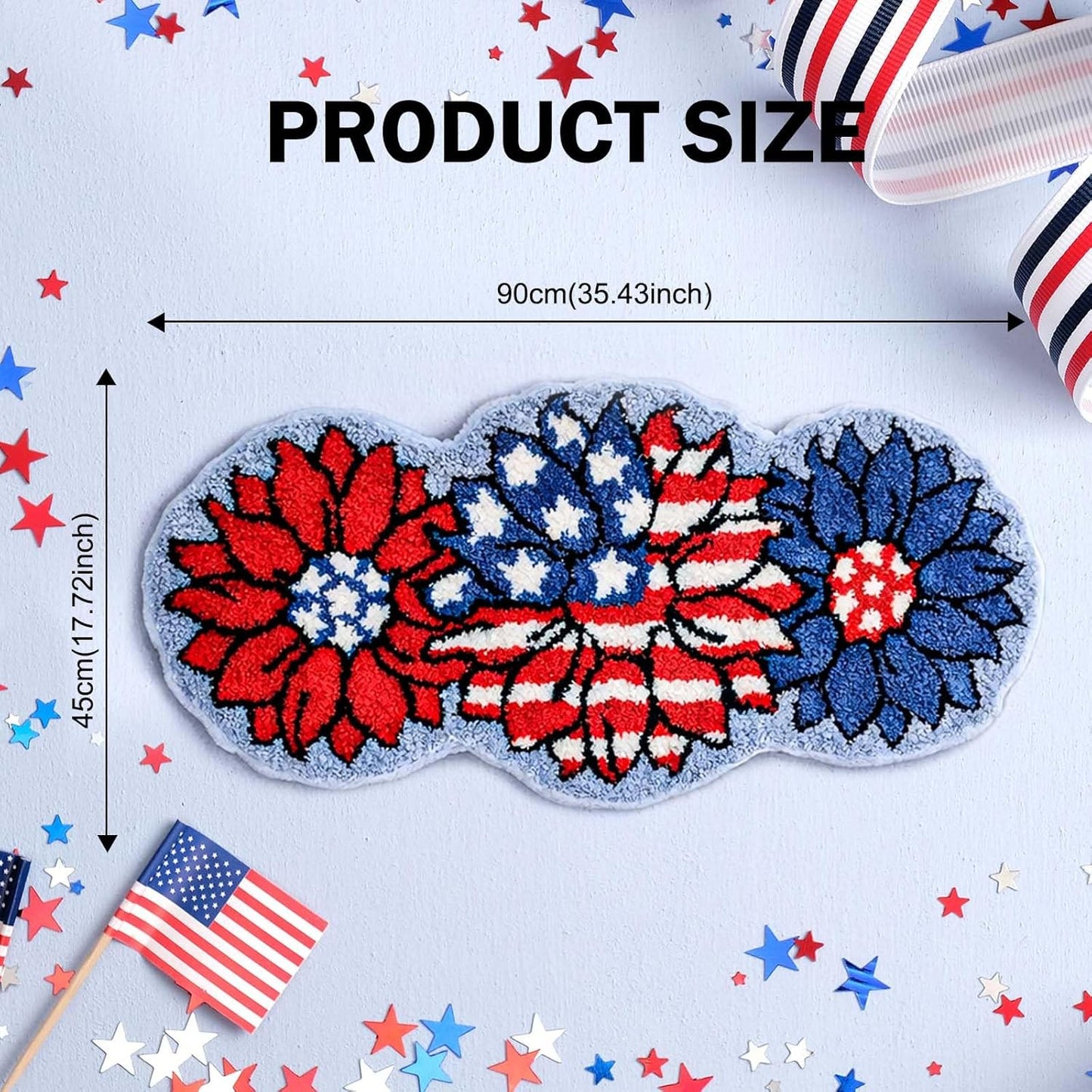 Mocsicka 4th of July Bathroom Rug, Non-Slip 250 Anniversary Patriotic Sunflower Bathroom Mat Machine Washable Tufted Independence Mat, Outdoor Soft Absorbent Rug (Red and Blue, 18x36 inch)