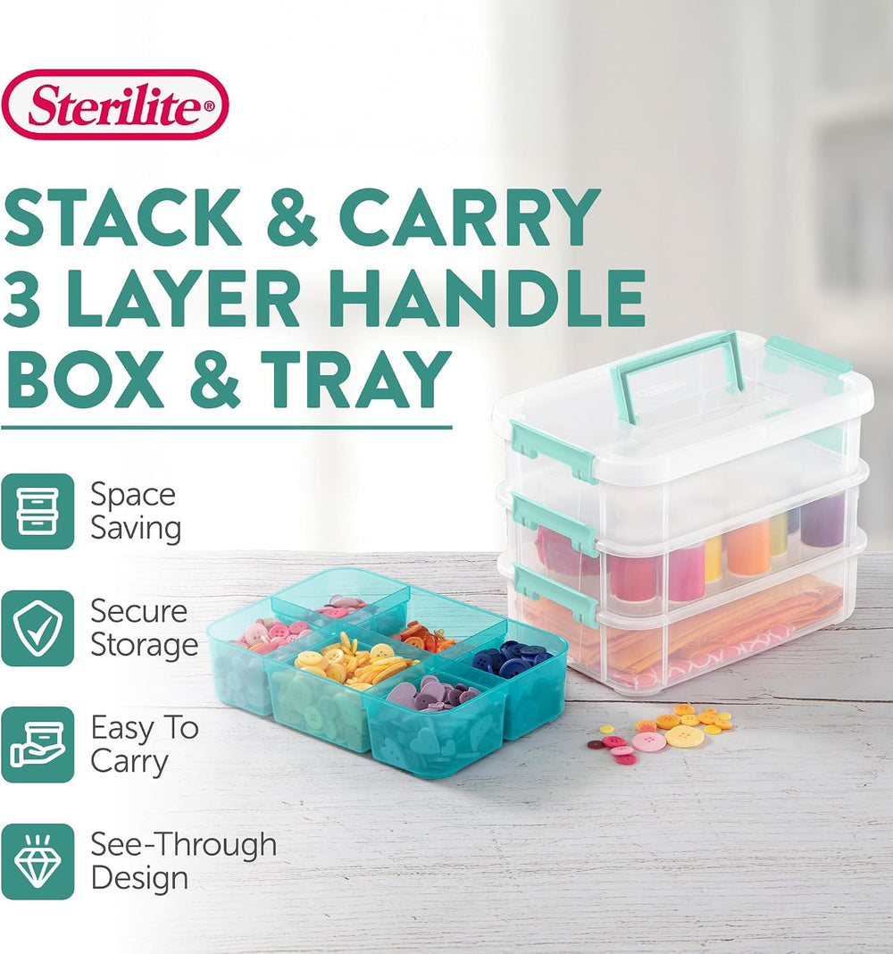 Sterilite Stack & Carry 3 Layer Handle Box, Small Latch Bins, Clear, 6 Pack