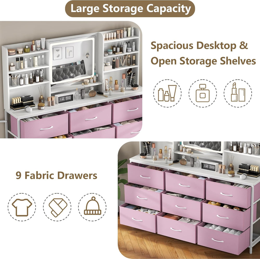 9 Drawers Dresser with LED Mirror for Bedroom, 59" W Chest of Drawers