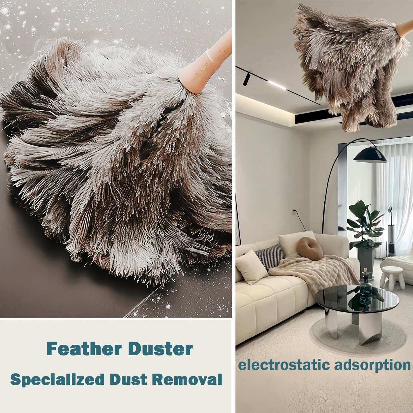 Ostrich Feather Duster for Cleaning-Furniture Dusters with Handle Ddzmz Hand Duster with Fluffy Natural Genuine Feather Reusable Household Duster, Gray and Brown(Length 16")