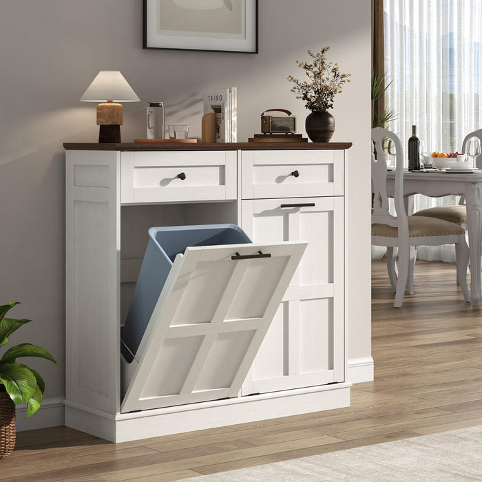 13 Gallon Double Tilt-Out Trash Can Cabinet, Farmhouse Hidden Garbage Wooden Bin Cabinet with 2 Drawers, Antique White