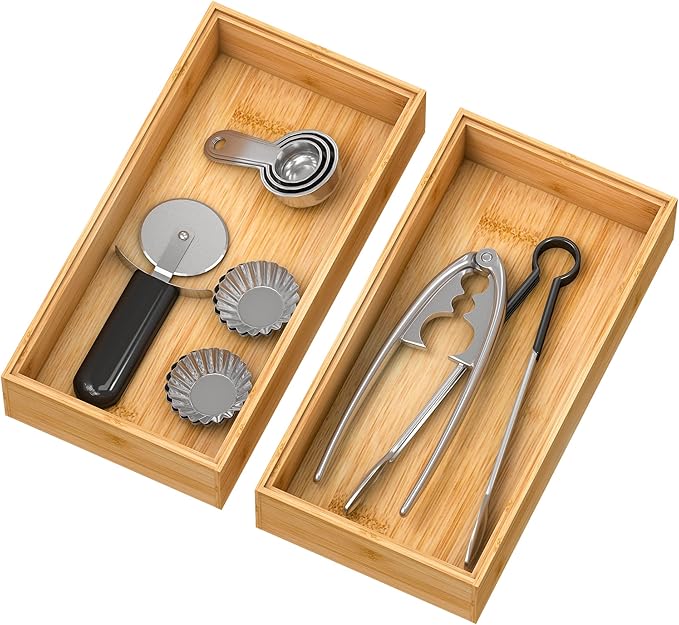 Bamboo Kitchen Drawer Organizer, Stackable Silverware Tray Utensil Organizer by Bambloom