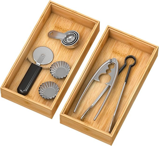 Bamboo Kitchen Drawer Organizer, Stackable Silverware Tray Utensil Organizer by Bambloom