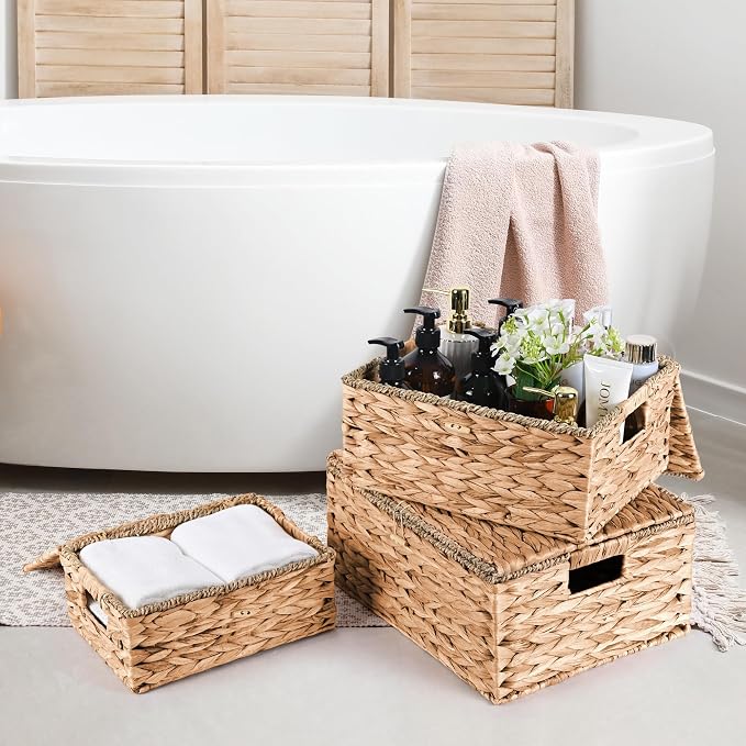 Wicker Storage Baskets with Lids and Handles, Hand Woven Rattan Storage Bins Box - Image 6