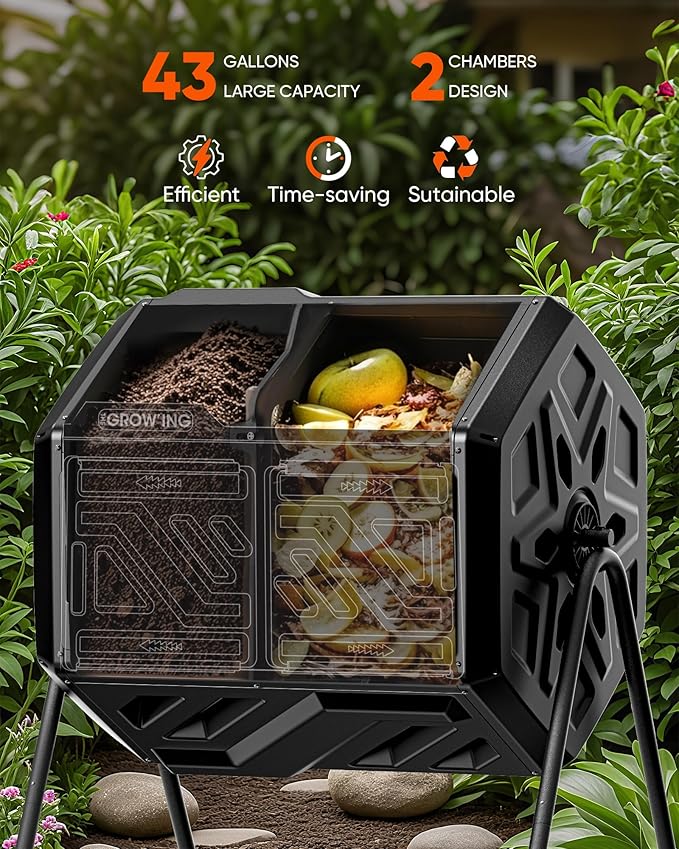 THEGROW'ING Updated 43 Gallon Compost Bin Outdoor, Fast Assemble Tumbling