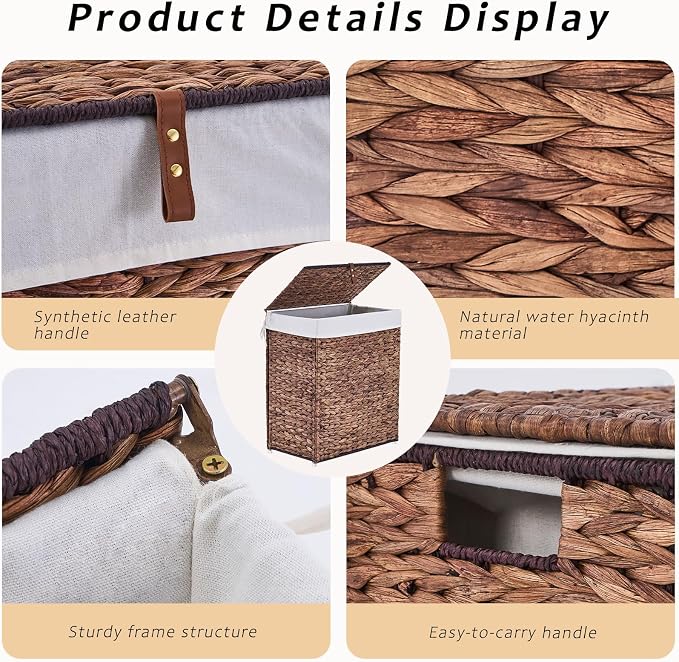 Handwoven Laundry Basket with Lid, Natural Water Hyacinth Storage Basket with - Image 7