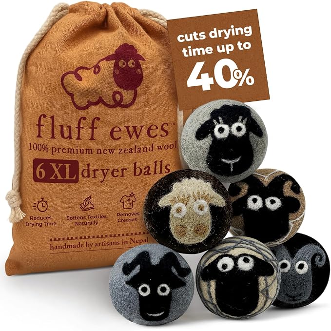 Fluff Ewes Wool Dryer Balls 6 Pack Premium New Zealand Wool Laundry Balls by HustleBlush