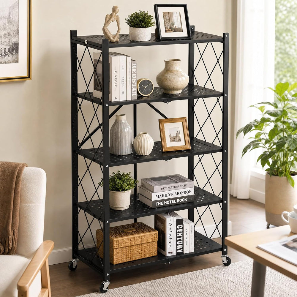5-Tier Foldable Storage Shelves with Wheels, Heavy-Duty Metal Rolling Rack, N...