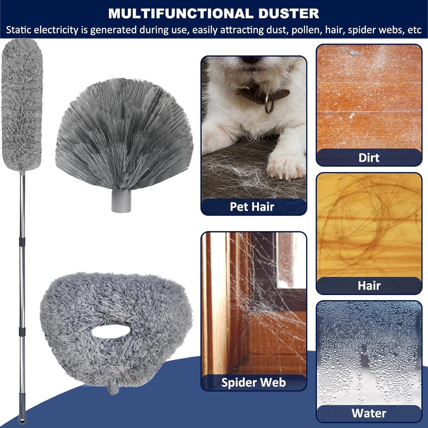 20+ Ft High Reach Ceiling Fan Duster & Cobweb & Corner Brush Duster with 3-14 ft Spliceable Pole Microfiber Feather Duster for Spider Web, High Ceiling, Blinds, Furniture Cleaning Tool Kit