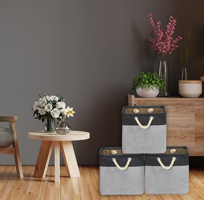 SIMPLE HOUSEWARE Fabric Storage Cubes, 3 Pack, Dark Gray - Image 2