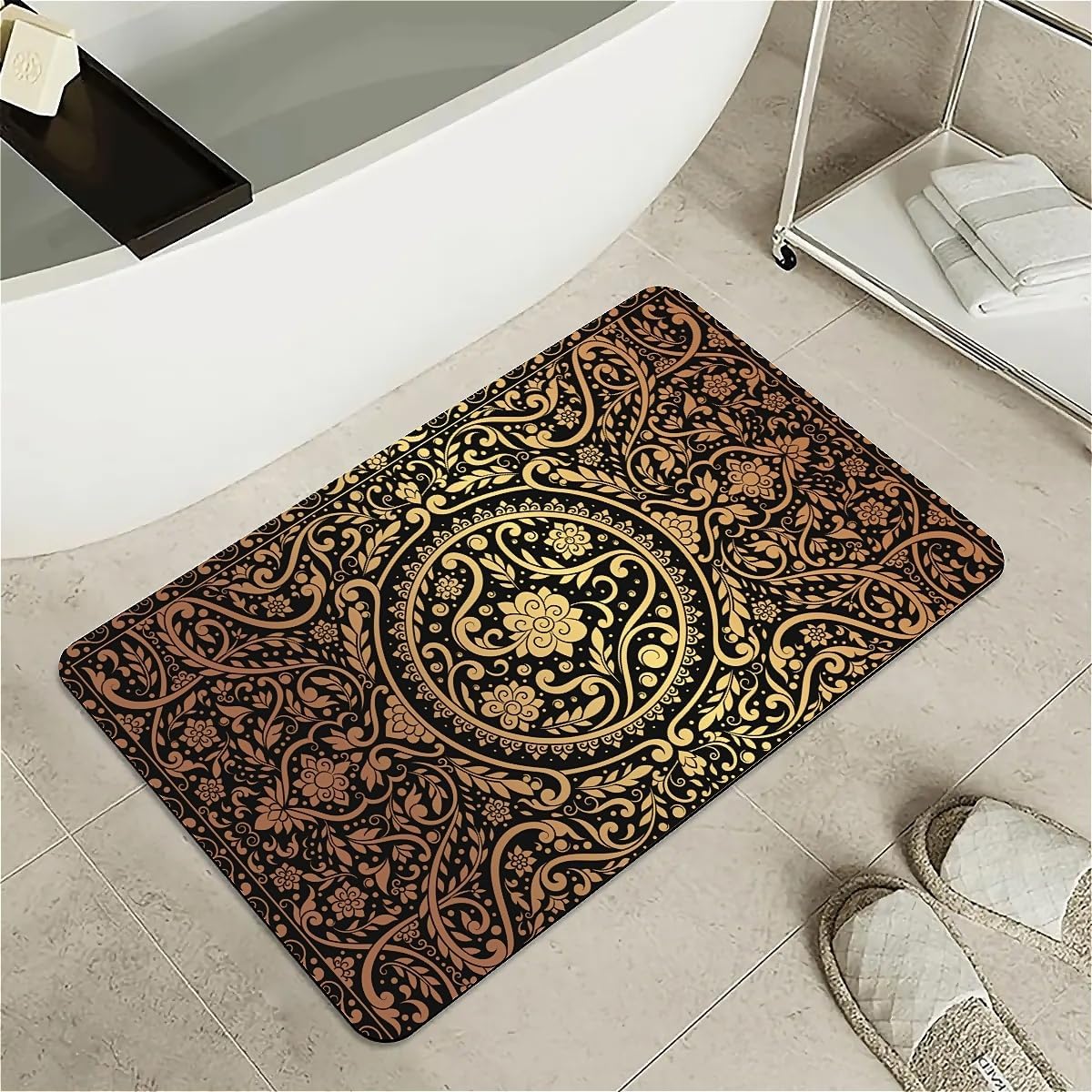 Bath Mat Rug,Black Gold Flower Non Slip Quick Dry Super Absorbent Thin Bathroom Rugs Fit Under Door-Easy to Clean Bathroom Floor Mats-Shower Rug for Shower Sink Bathtub(16" x 24"in)