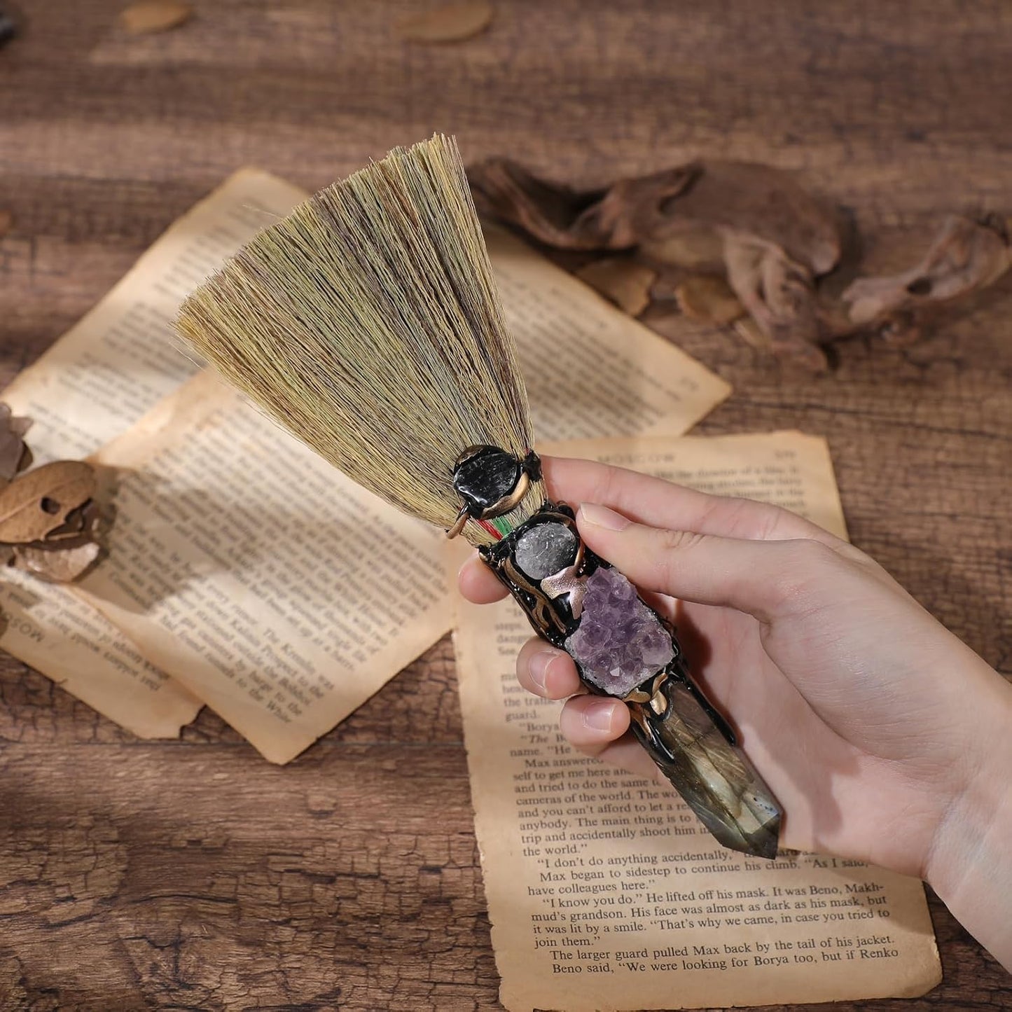RENEMEGO Witch Broom Witchcraft Supplies - Altar Supplies with Labradorite Wiccan Stuff Magic Broomstick with Natural Healing Crystals Hexagonal Points Pagan Reiki Energy Clearing Decor