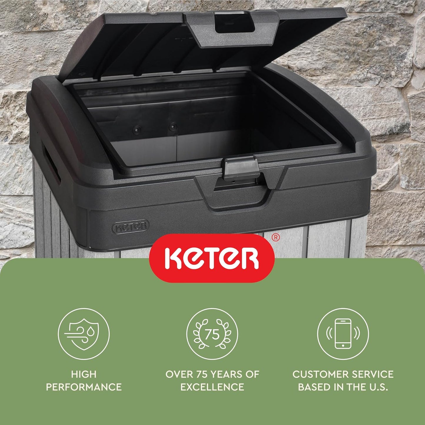 Keter Darwin Outdoor Trash Can, 38 Gallon Weather-Resistant Resin Waste Bin with Lid, Wood-Look Design for Patio, Deck, Porch & Backyard