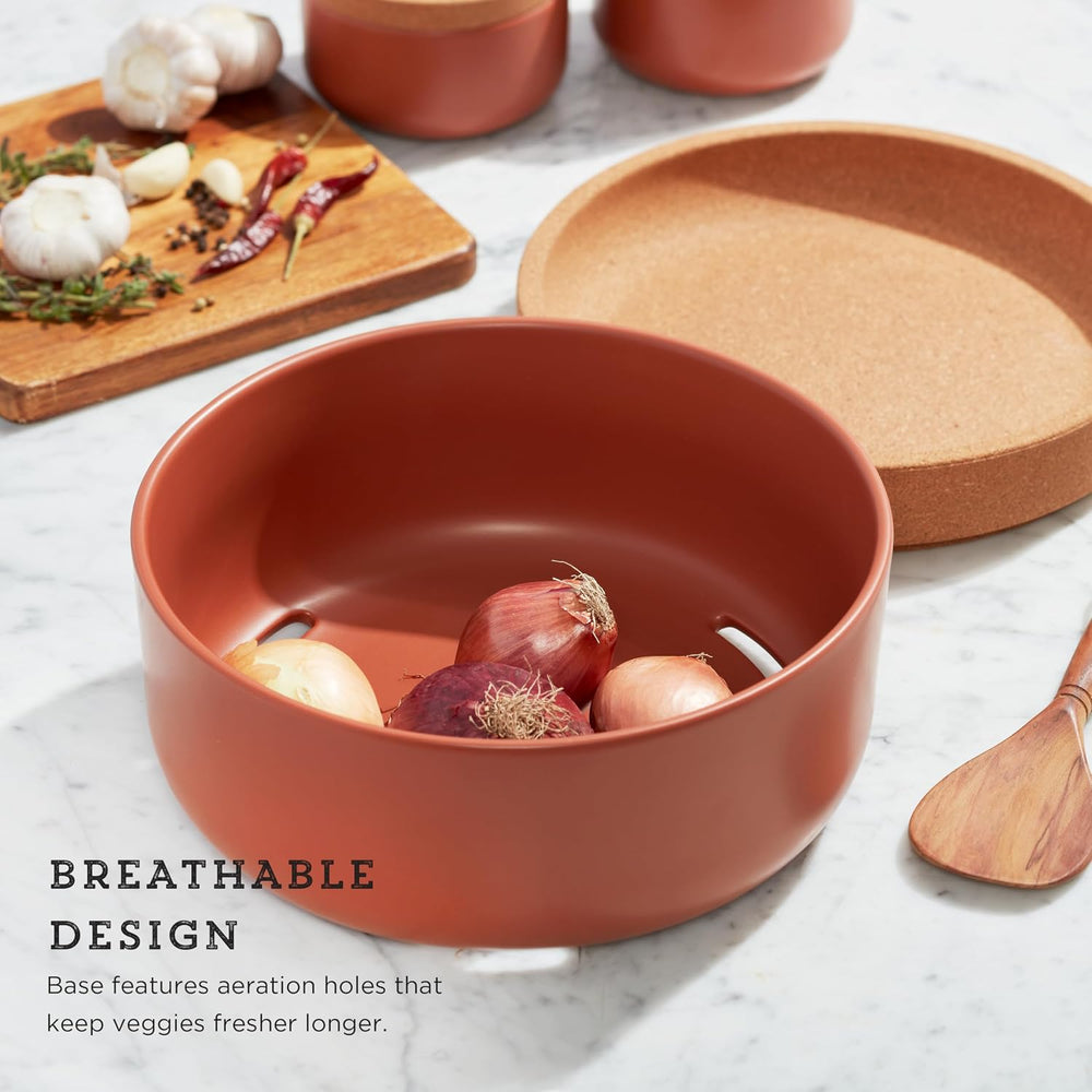 Kamenstein Ceramic and Cork Large Breathable Produce Bowl with Lid, Nautral C...