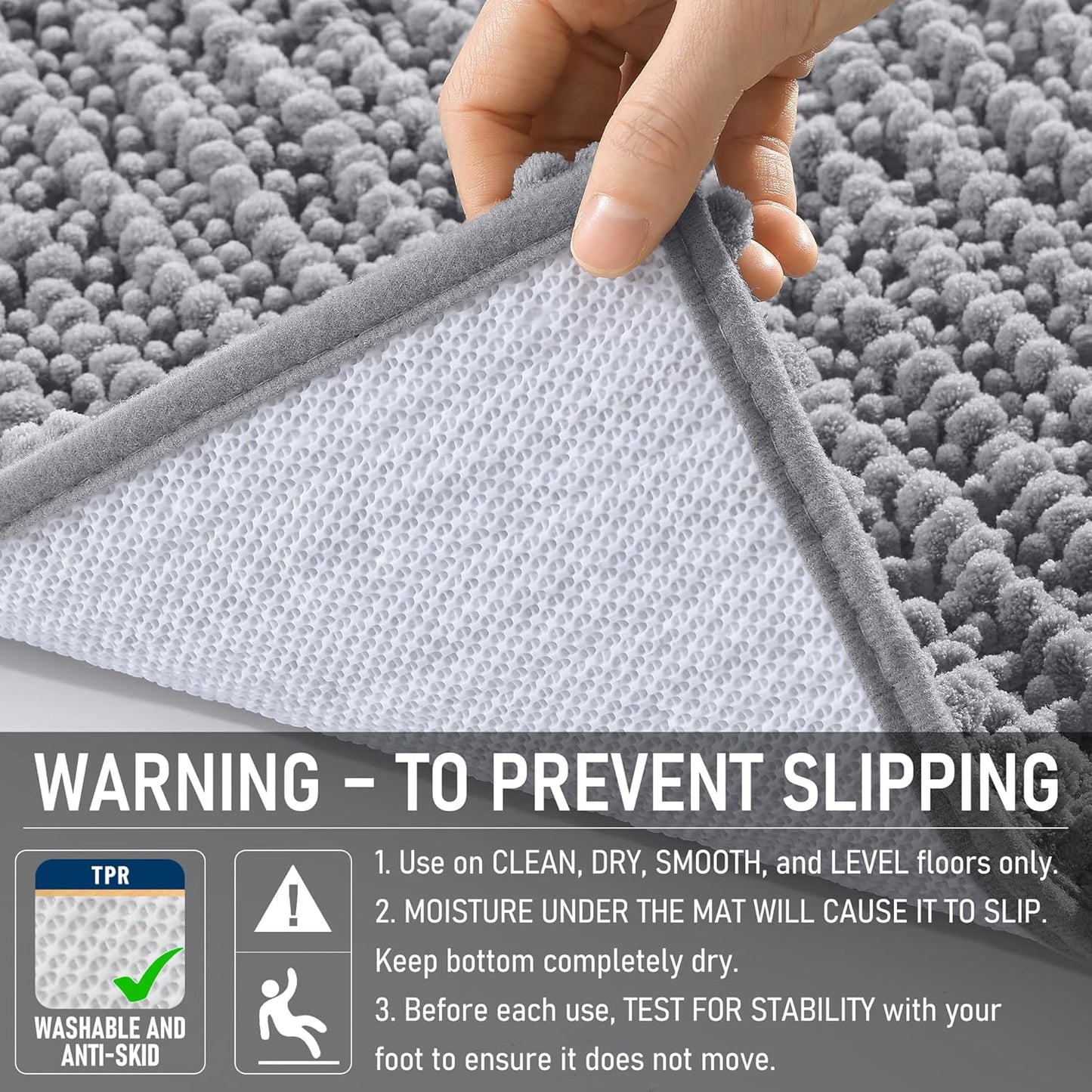 OLANLY Bathroom Rug Mat 30x20, Thick Soft and Absorbent Chenille Bath Mat, Non-Slip Rubber Backing, Machine Washable Quick Dry Bath Rugs for Tub Shower Floor, Home Decor Accessories, Grey