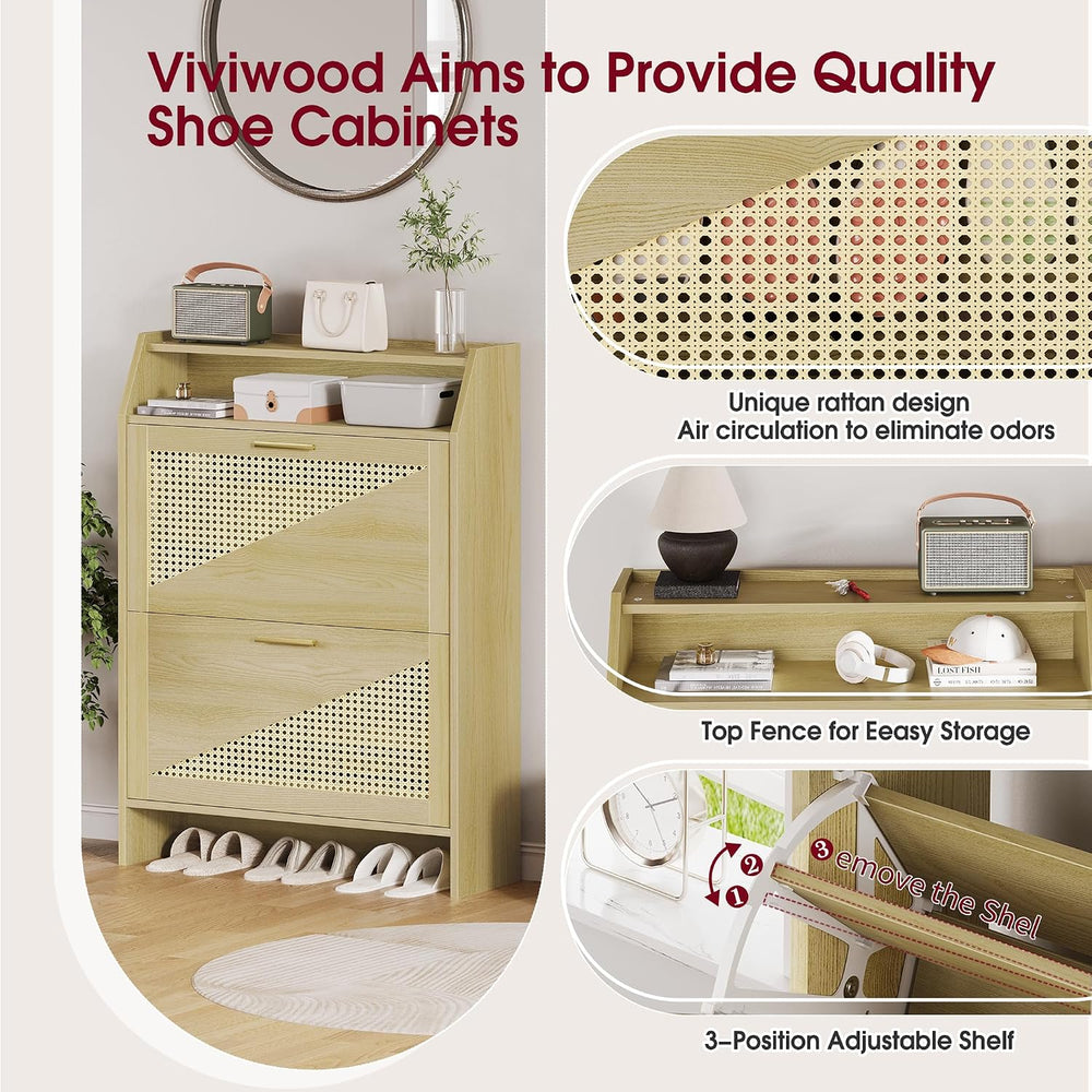 Rattan Shoe Storage Cabinet with 2 Flip Drawers, Wooden Shoe Cabinet with Adj...
