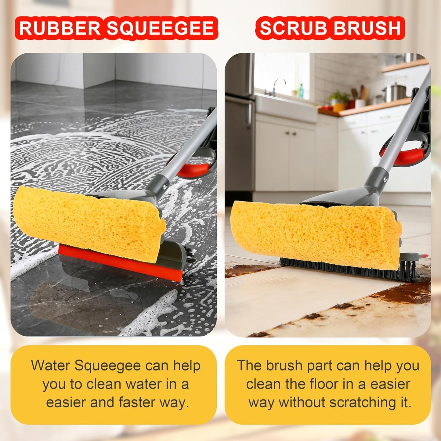 Sponge Mop for Floor Cleaning, Home Commercial Pop-up Cellulose Sponge Roller Mop with 2 Refill Heads, Includes Squeegee and Brush for Hardwood Tile Concrete Bathroom Kitchen Wall Ceiling
