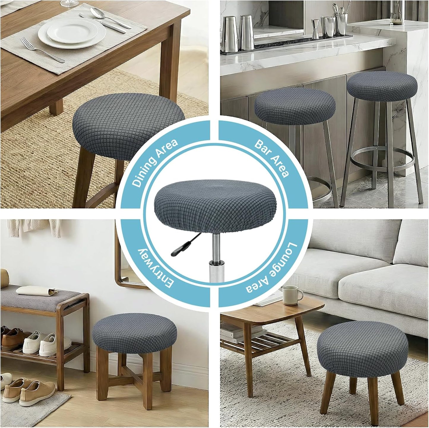 2 Pcs Bar Stool Covers, 100% Polyester Dark Gray Elastic Stool Covers Round, Fit for Dia 11-14 Inch Stool Cushion Round, Washable Dustproof Seat Cushion Slipcover for Bar Kitchen Living Room