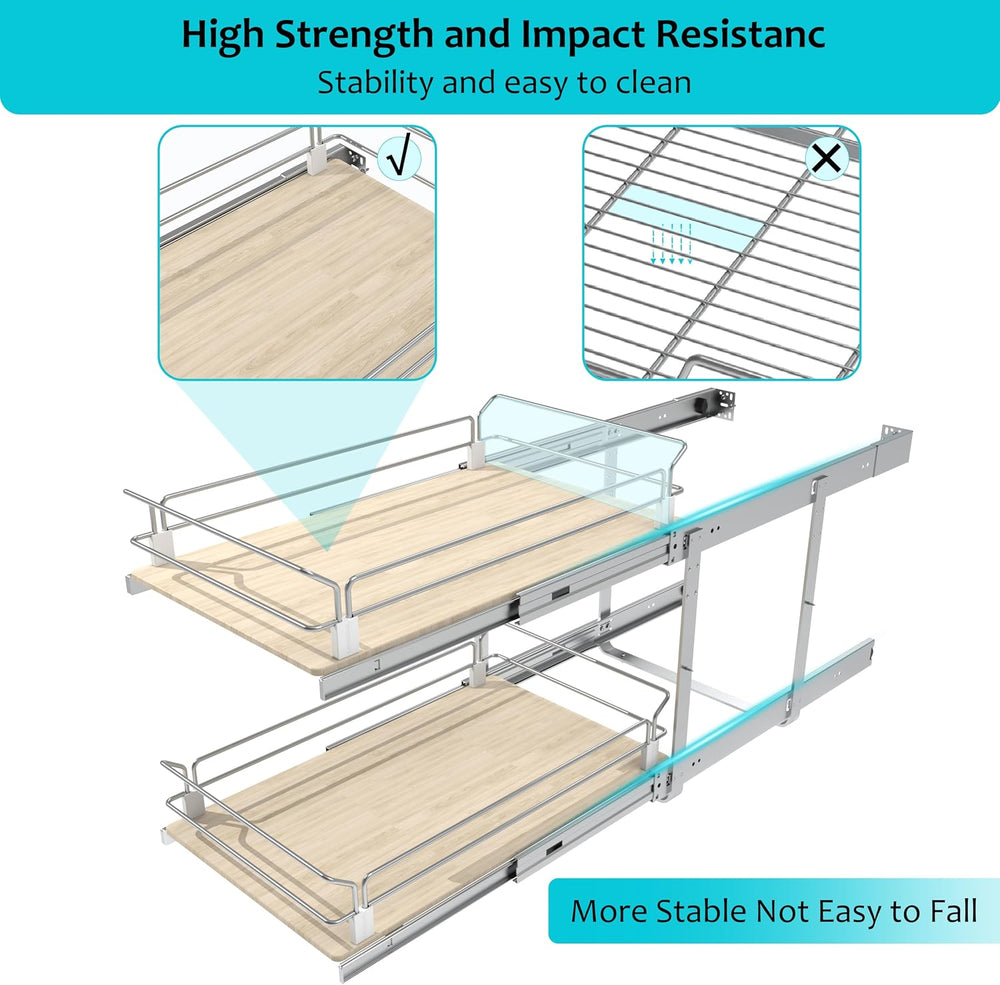 2 Tier Pull Out Cabinet Organizer 14.45" W X 22" D, Wood & Chromed