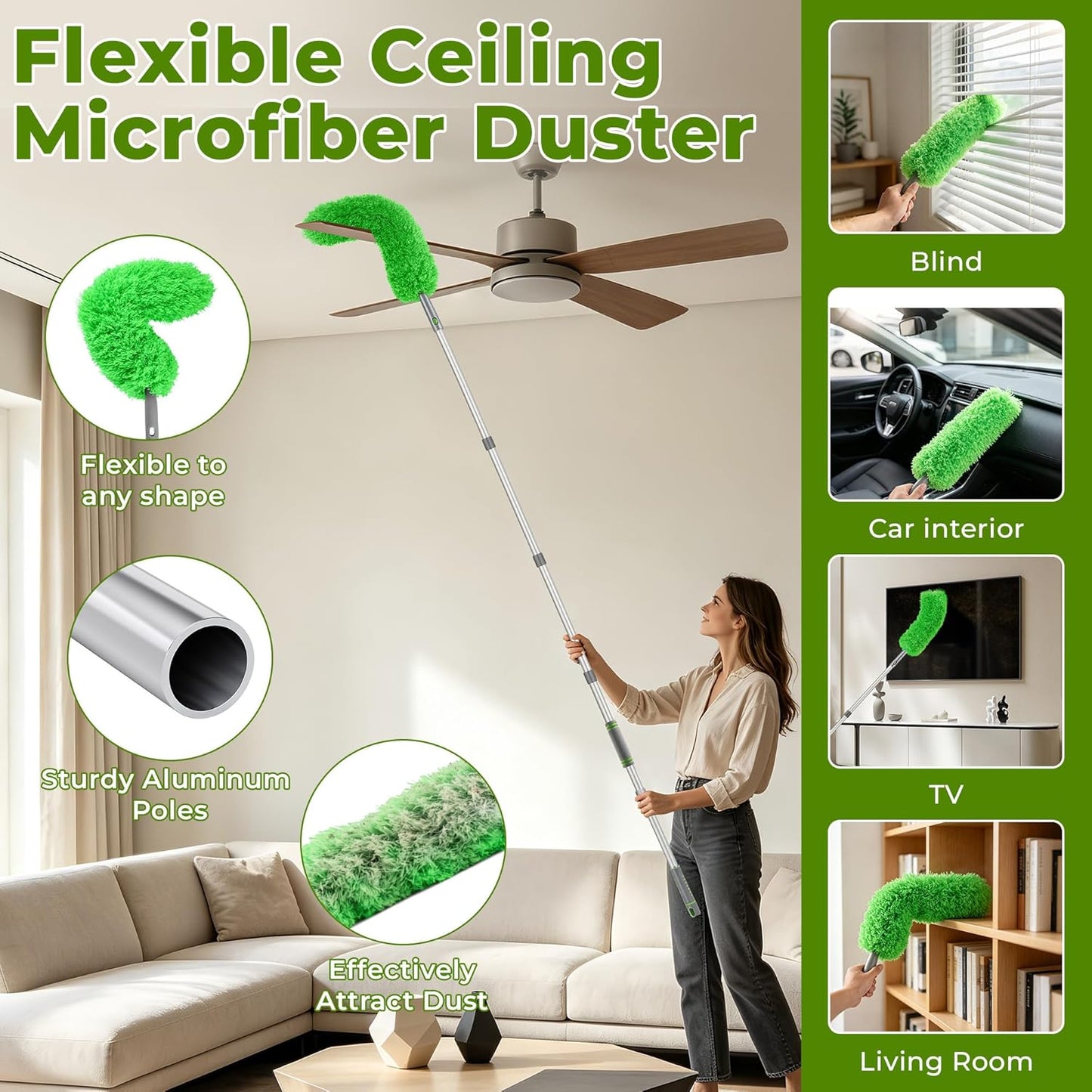 Ceiling Fan Cleaner Duster with 77" Extension Pole, 4-in-1 Reusable Microfiber & Chenille Fan Blade Cleaner, Bendable Fan Duster for Ceiling Fan Blade Blinds Baseboard Cobweb