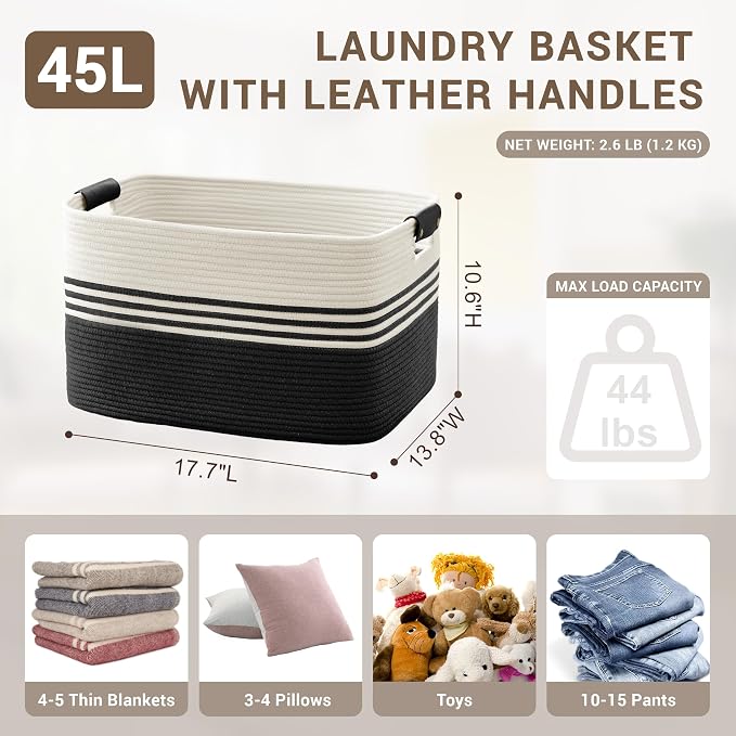 45L Small Laundry Basket with Leather Handles - Image 2