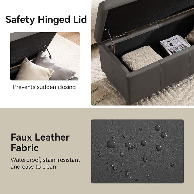41" Faux Leather Storage Ottoman, Stitch Tufted Rectangle Upholstered End of - Image 5