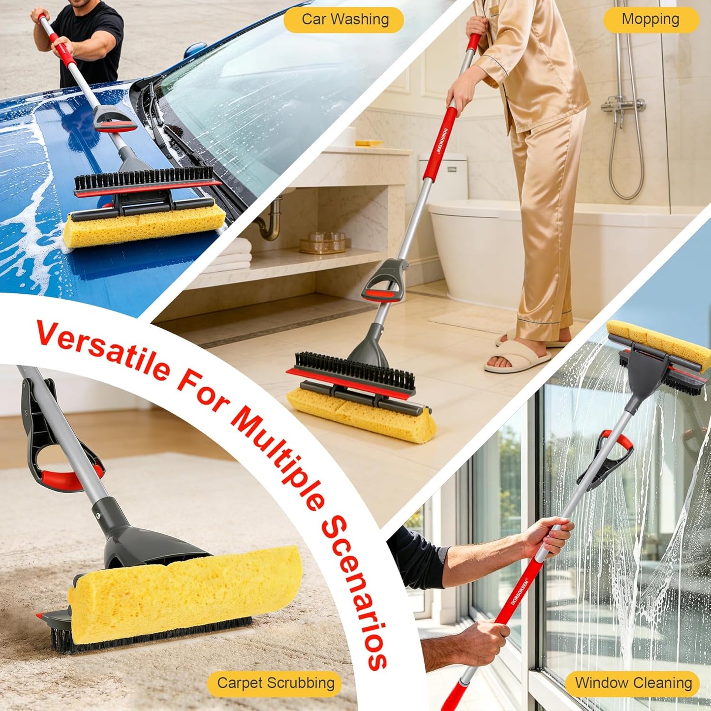 Sponge Mop for Floor Cleaning, Home Commercial Pop-up Cellulose Sponge Roller Mop with 2 Refill Heads, Includes Squeegee and Brush for Hardwood Tile Concrete Bathroom Kitchen Wall Ceiling