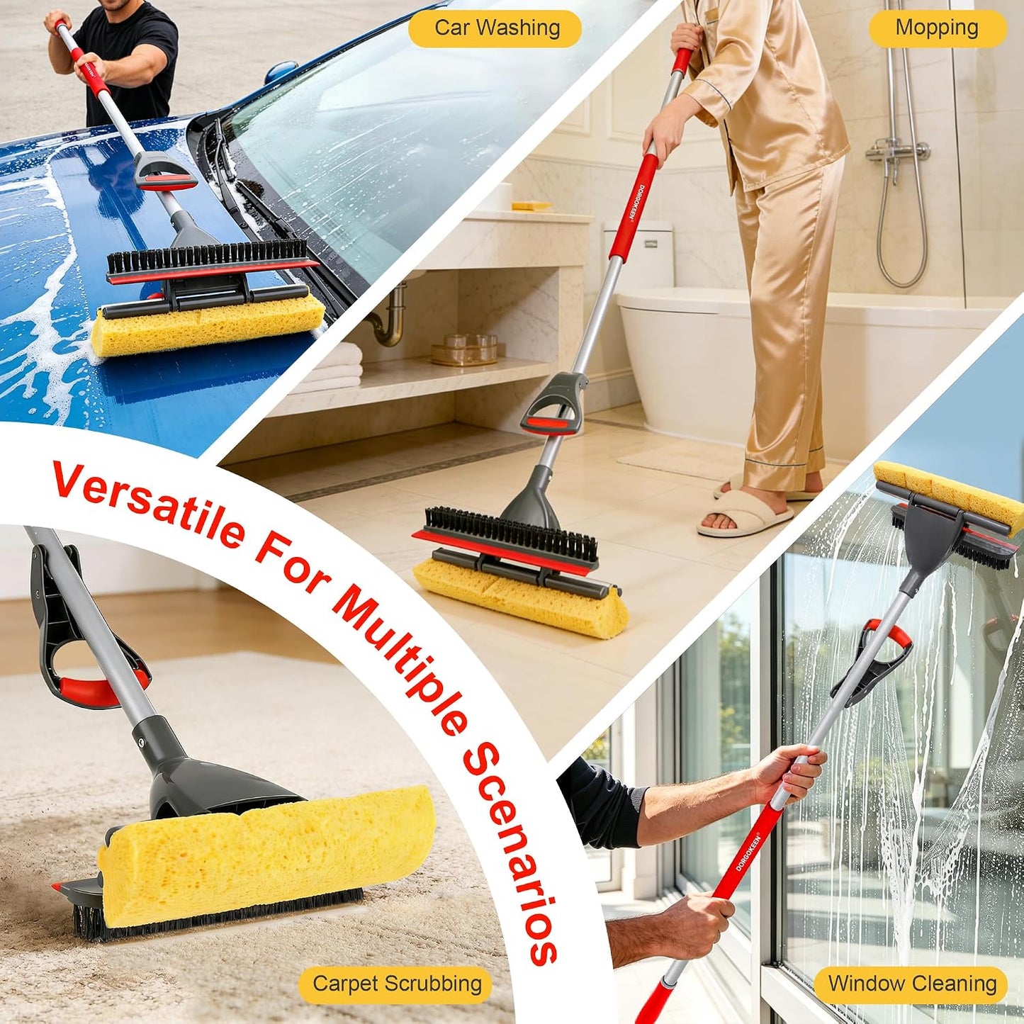 Sponge Mop for Floor Cleaning, Home Commercial Pop-up Cellulose Sponge Roller Mop with 2 Refill Heads, Includes Squeegee and Brush for Hardwood Tile Concrete Bathroom Kitchen Wall Ceiling