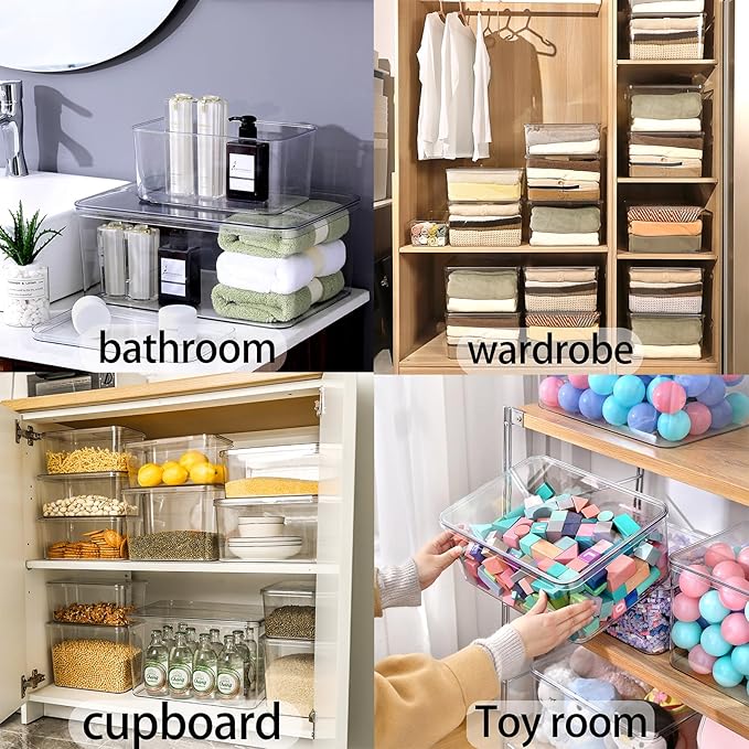 Lidded Plastic Storage Bins Set Clear Desk Basket Box Organizer Kitchen - Image 4