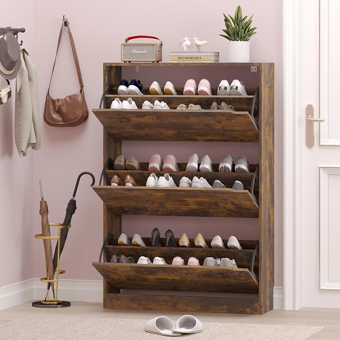 Shoe Cabinet with 3 Flip Drawers, Hidden Wood Shoe Cabinet, Freestanding Shoe - Image 7