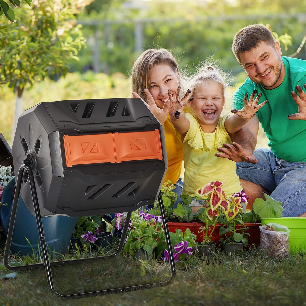 Outsunny Tumbling Compost Bin 360° Dual Chamber 43 Gallon, Orange