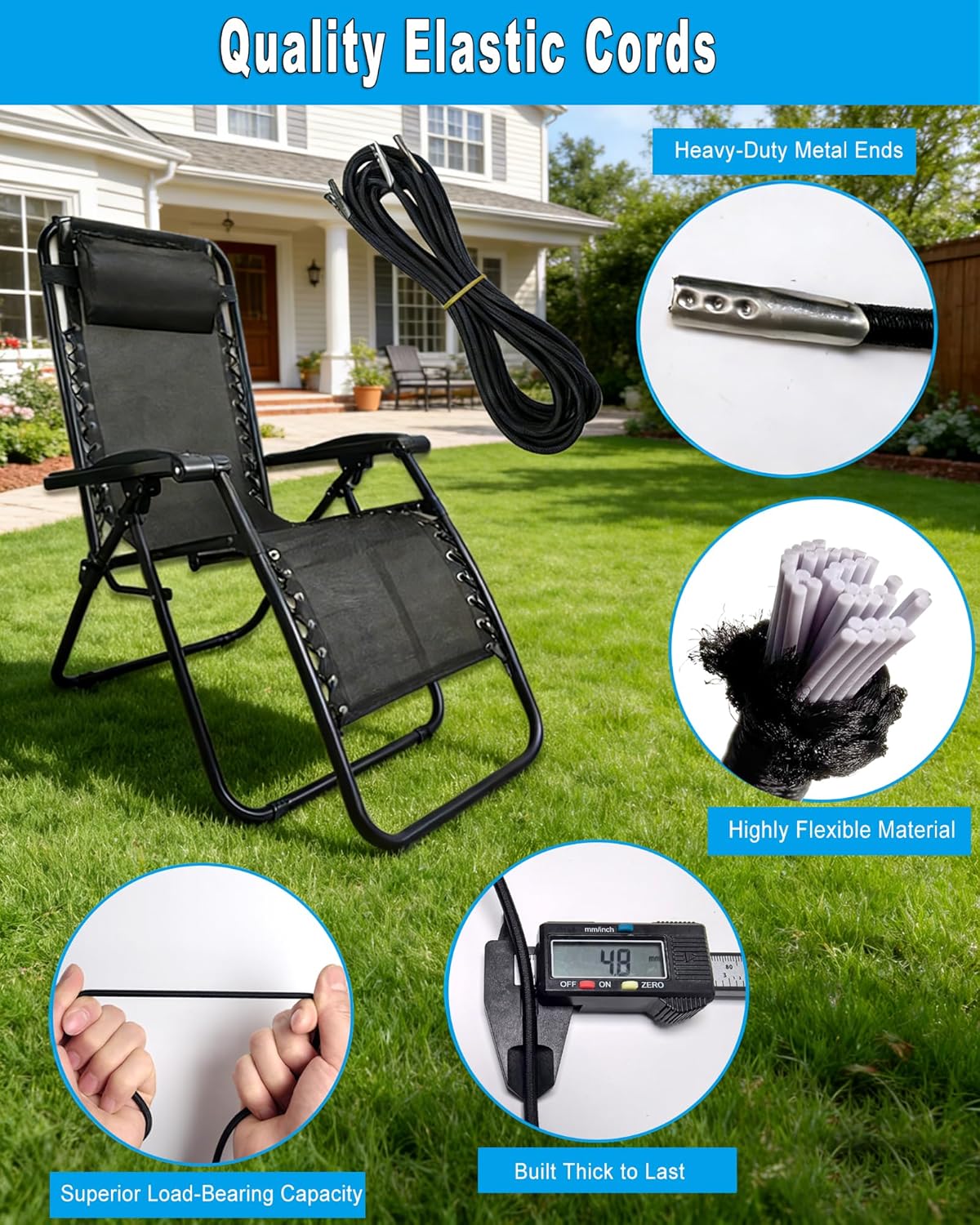 ZUSHALLMY 4 Pack Zero Gravity Chair Replacement Cord, Universal Elastic Cords for Reclining Lounge, Patio, Lawn, Beach and Chairs, Repair Loose or Sagging Seats