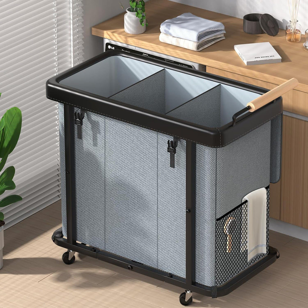 Rolling Laundry Hamper with Wheels, Laundry Hamper 3 Section with Lid Gray