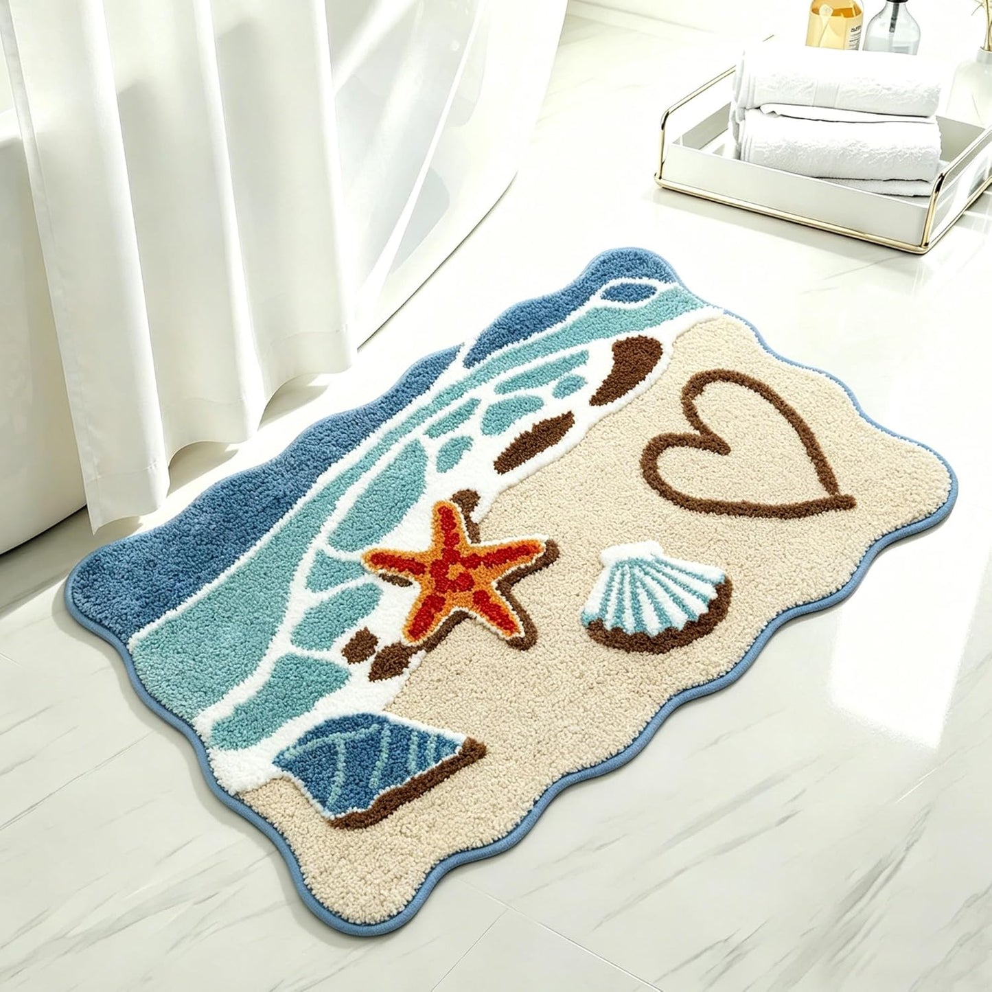 Beach Bathroom Rug 20x32 Inch, 3D Textured Coastal Ocean Wave Scalloped Bath Mat with Starfish Shell Decor, Soft Microfiber Absorbent Non-Slip Washable Bath Rug for Bathroom, Kitchen, Entryway