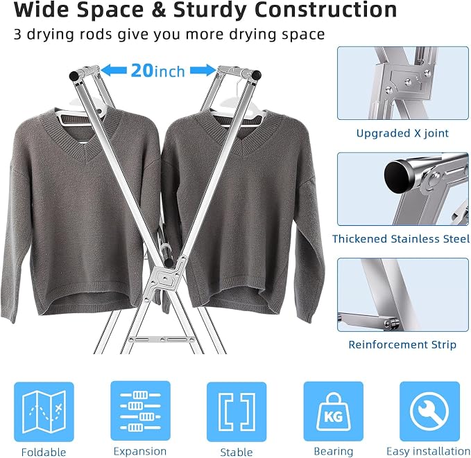 funest Drying Rack Clothing, 79 Inches Adjustble & Foldable Laundry Drying Rack - Image 3