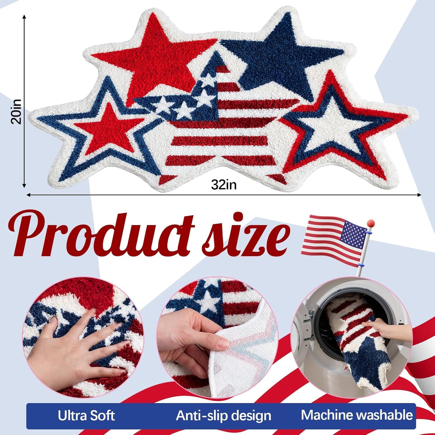 Tinideya 32"x20" 4th of July Bath Mat Patriotic Stars Tufted Rug, American Flag Memorial Day Non-slip Doormat, Funny Independence Day Decorative Carpet for Bathroom Kitchen Shower Living Room Entryway