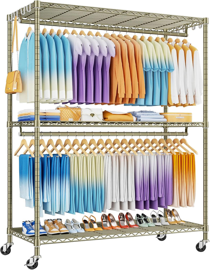ULIFHOME P8 Max Heavy Duty Clothes Rack（With Extended Width Design） Rolling Clothing Racks for Hanging Clothes，Portable Garment Rack with Lockable Wheels，51.2" W x 15.8" D x 80.5" H，Load 700LBS，Gold